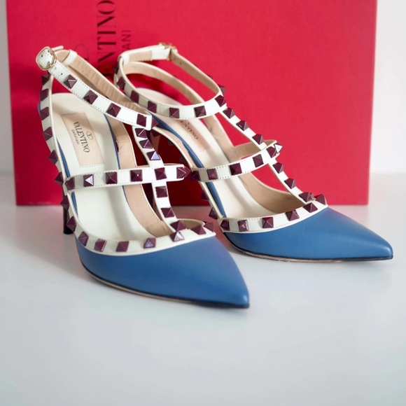 Valentino Garavani Rockstud Ankle Strap Pump in Blue and Burgundy Size 39.5 EU - Picture 3 of 16